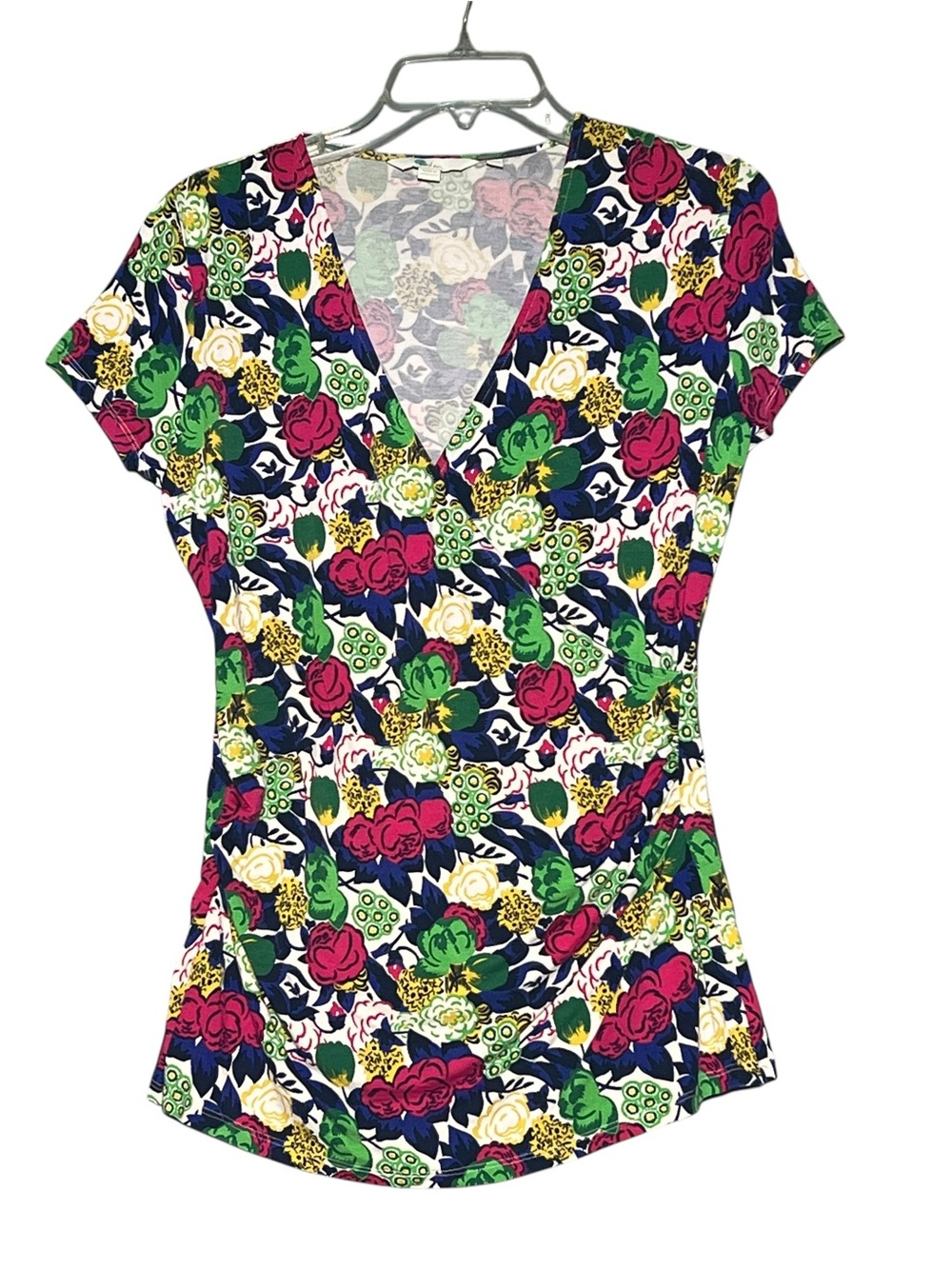 BODEN Floral Faux Wrap Surplice Top V-Neck Short Sleeve Stretch US 12 UK 16 - Picture 2 of 8